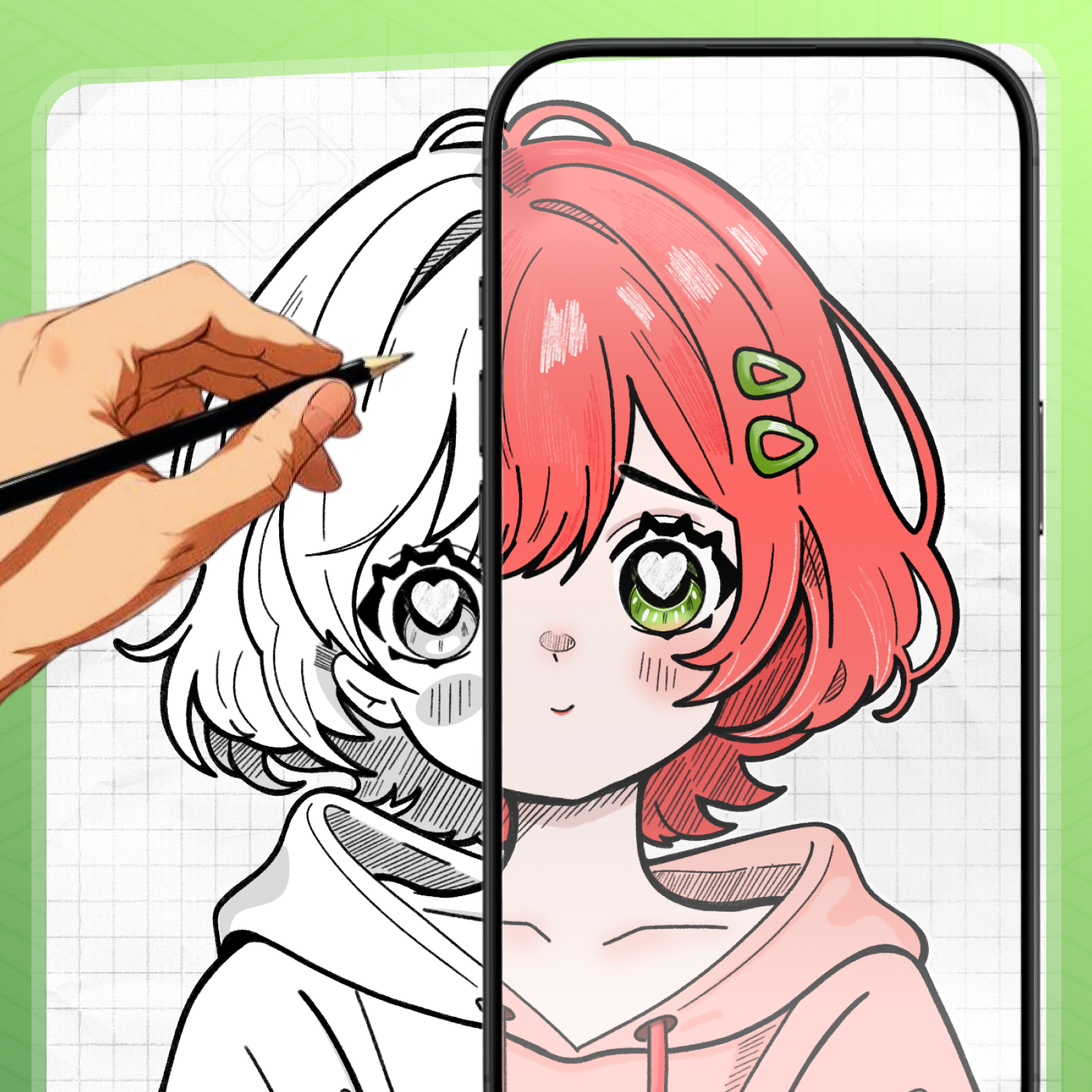 AR Drawing app preview with phone overlay and kawaii character