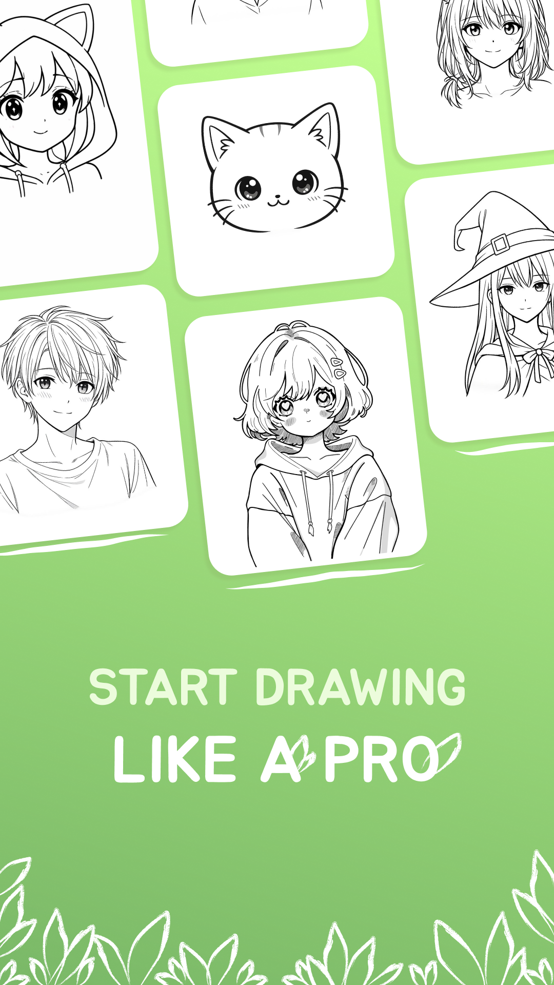 Kawaii drawing template artwork with cute character and animal sketch cards